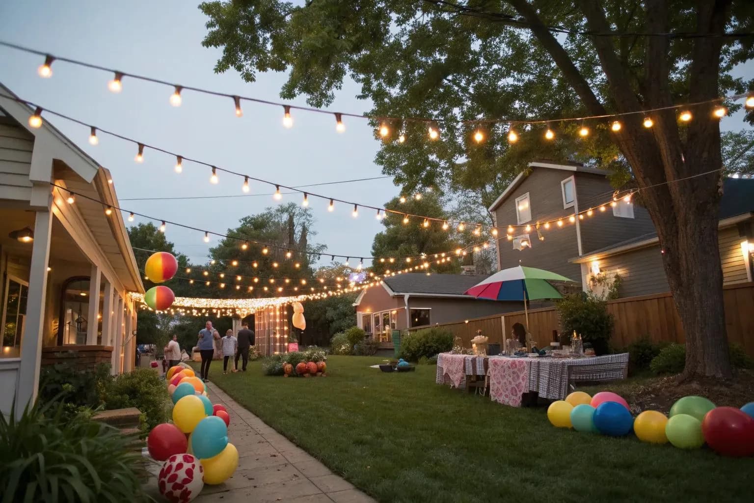A backyard celebration at dusk with string lights, banquet tables, and balloons